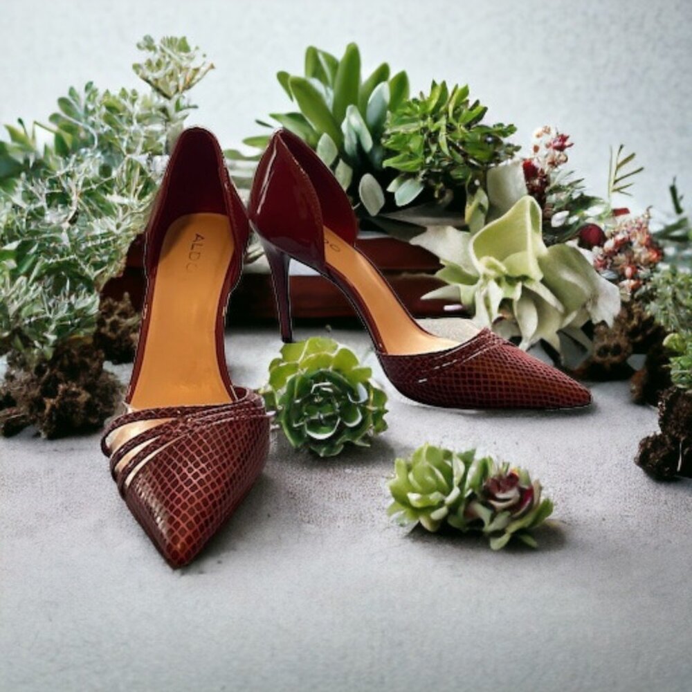 Dark Red Aldo Heels Snake Print Pointed Toe Stiletto Pumps Shoes Sz 8